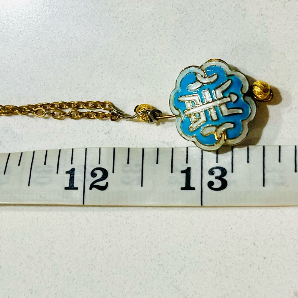 Vintage Cloisonné Enamel Necklace – Robin’s-Egg Blue & Gold Longevity Symbol - Picture 5 of 11